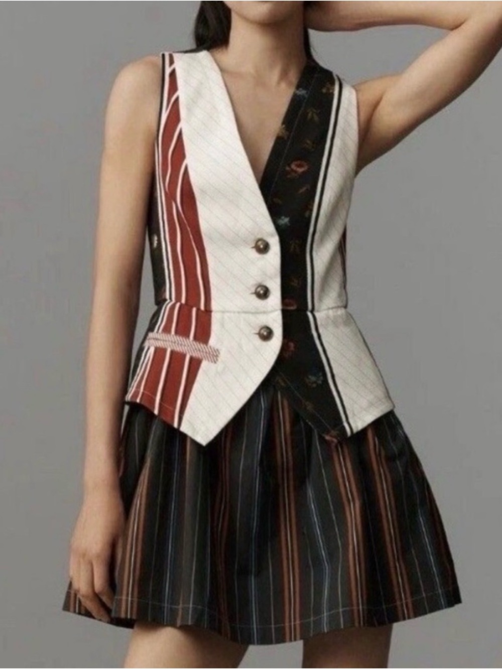 Maeve Striped Patchwork Vest Dress in White, Black & Rust
